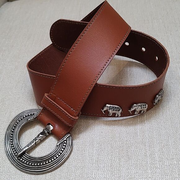 Brown Leather Wide Belt with Ornate Silver Buckle & Silver Elephant Studs Size S - Picture 1 of 10